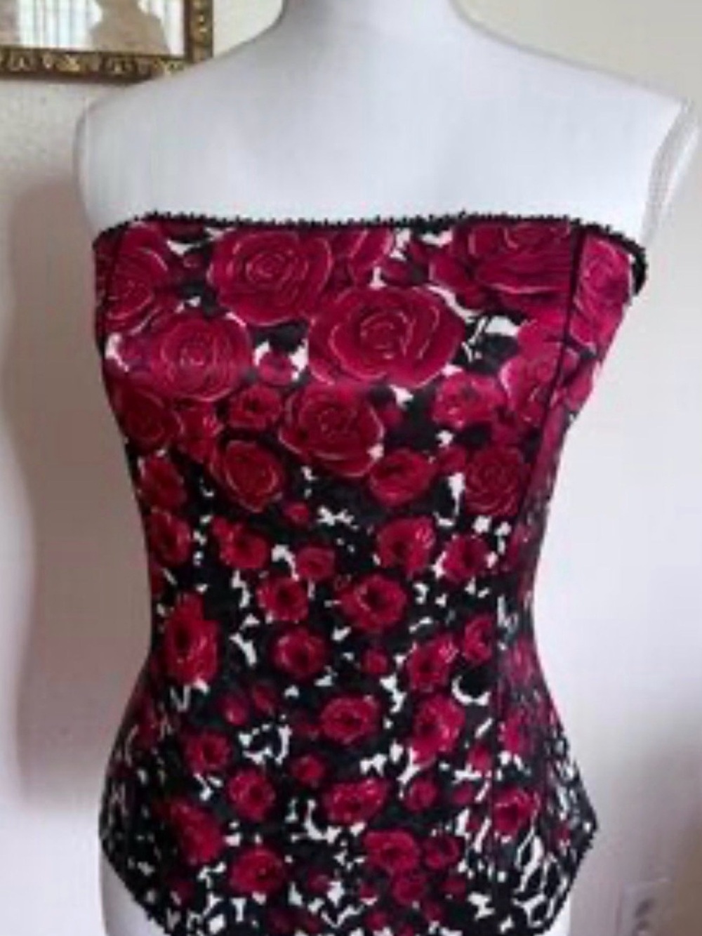 White House Black Market Strapless Black Corset Bustier with Red Rose Print
